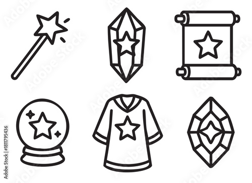 Collection of six minimalist black line art icons representing magic and fantasy themes like a wand, crystal, scroll, crystal ball, robe, and gemstone