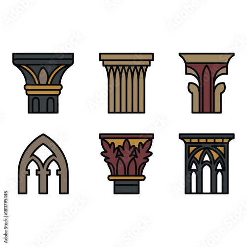 Collection of six decorative architectural column capitals and window tracery elements
