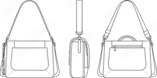 CAD drawing flat vector illustration, detailed handbag technical sketch with front side and back views, accessory design template for fashion production