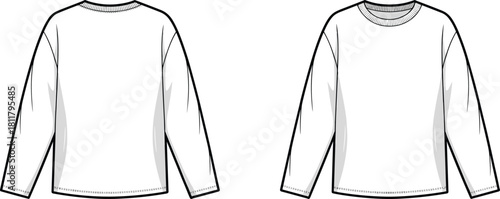 CAD drawing, flat vector illustration of long sleeve shirt template, front and back view, fashion technical sketch, apparel design mockup