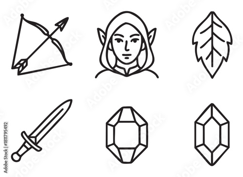 Collection of minimalist fantasy RPG icons in a clean line art style, featuring a hooded elf, sword, bow, arrow, leaf, and faceted gemstones