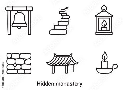 Collection of minimalist black line art icons representing a tranquil Asian monastery, including a temple bell, lantern, stone stairs, and candle