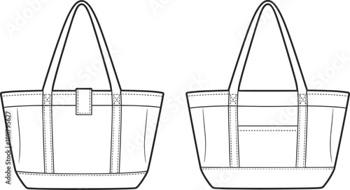 Tote bag fashion template with front strap detail and back pocket design, technical accessory sketch for product design, cad drawing flat vector illustration