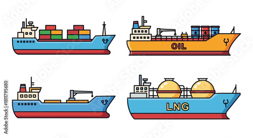 Colorful illustration depicting various types of cargo and tanker ships at sea