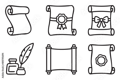 Simple black outline icon collection of vintage scrolls, parchment paper, diplomas, and old writing tools like a feather quill and inkwell