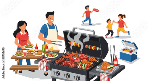 Happy family enjoying a summer backyard barbecue party with delicious grilled food