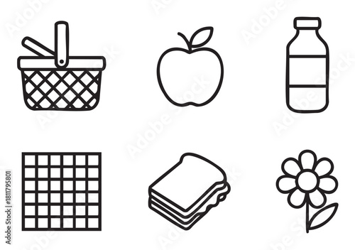 Set of six black and white line art icons representing a summer picnic theme with a basket, apple, sandwich, bottle, blanket, and flower