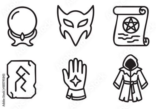 Set of six black and white line art icons representing magic and fantasy themes, including a crystal ball, mask, pentagram scroll, rune, and hooded robe