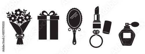 Minimalist black and white vector icon set of romantic gifts and beauty accessories, featuring a flower bouquet, present, hand mirror, lipstick, diamond ring, and perfume bottle