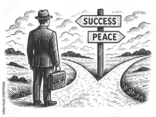 man at a crossroads with signs pointing toward Success and Peace, symbolizing life choices and values sketch engraving generative ai vector illustration. Scratch board imitation. Black and white image