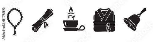 Collection of minimalist black glyph icons featuring prayer beads, a scroll, a lit candle, a folded robe, and a handbell, symbolizing spirituality, knowledge, and tradition