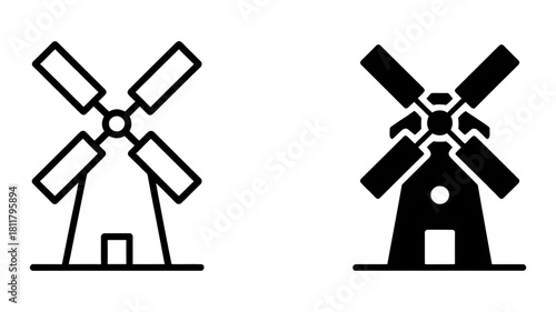 Outline and solid silhouette vector icons of a traditional windmill, symbolizing renewable energy, sustainable power, agriculture, rural landscapes, and history.