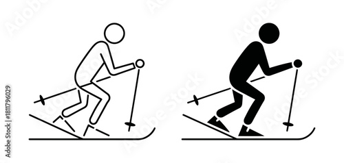 Skiing line art and solid silhouette vector icons depicting a person in action with poles, representing winter sports, alpine recreation, and snow activities.