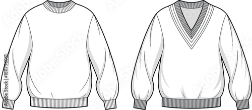 Sweater CAD drawing, flat vector illustration of crewneck and V-neck knitwear, technical fashion sketch, apparel blueprint template, garment design Sweater CAD drawing