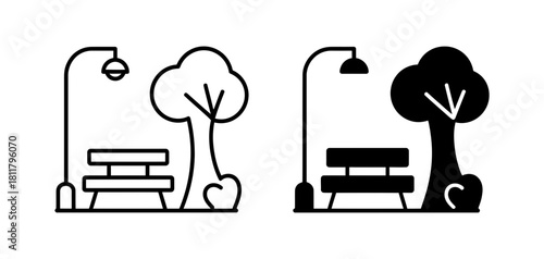 Park bench with tree and street lamp icons. outline and glyph styles for urban green space, public relaxation, and outdoor amenity concepts.