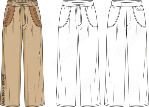 CAD drawing, flat vector illustration of wide leg pants with eyelet detail and drawstring waist, technical fashion sketch apparel design template