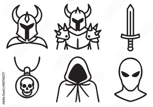 Collection of black and white line art icons for fantasy and science fiction themes, including a knight, sword, alien, skull amulet, and a mysterious hooded figure
