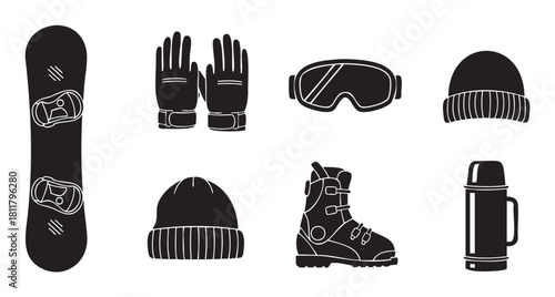 Monochrome vector icon set of snowboarding and skiing equipment, including a board, boot, gloves, goggles, beanie, and thermos, arranged