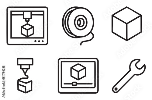 Set of black and white line art icons representing the process of 3D printing, including a printer, filament spool, cube model, nozzle, software interface, and a wrench tool