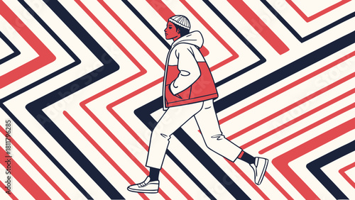 Person walking with geometric pattern background