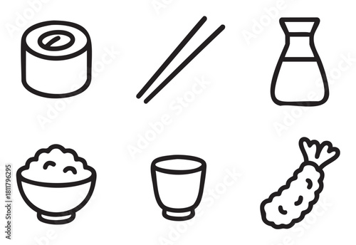 Collection of simple black line art icons for Asian food, including a sushi roll, chopsticks, soy sauce, rice bowl, teacup, and tempura shrimp