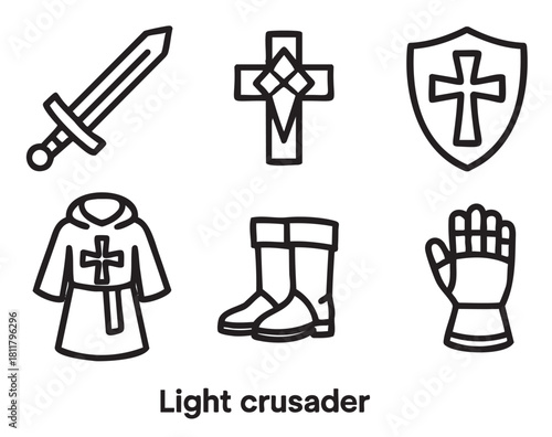 Set of six minimalist black line icons depicting medieval holy warrior equipment including a sword, shield, cross, and armor
