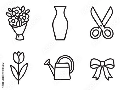 Set of six black and white line art icons for floristry and gift arrangement, featuring a bouquet, vase, scissors, flower, watering can, and bow