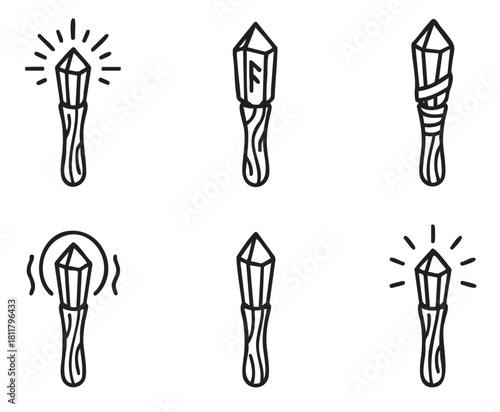 Set of six magical crystal wands in a minimalist black line art style, featuring esoteric and mystical symbols for witchcraft or fantasy themes