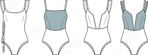 Ruffled strap swimsuit design variations, fashion technical sketch, one-piece swimwear template, cad drawing flat vector illustration for apparel designers