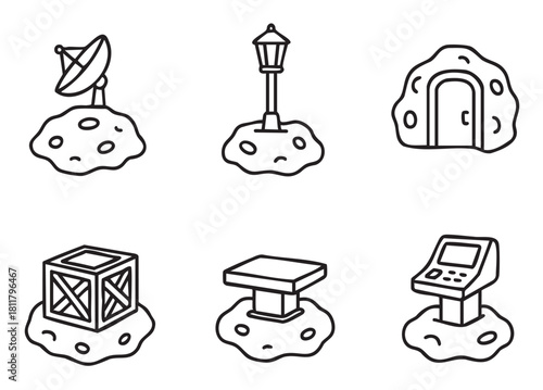 Set of six minimalist black line art icons representing space colonization elements, including a satellite dish, cave dwelling, lamppost, and control console on a small planet