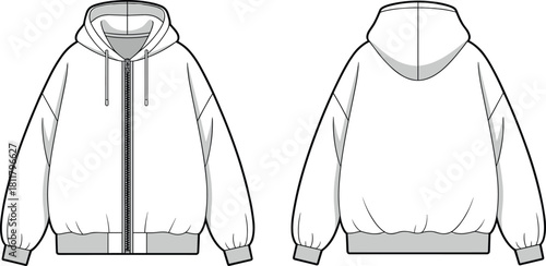 Oversized zip up hoodie technical fashion flat sketch CAD drawing vector illustration for apparel design templates, front and back views