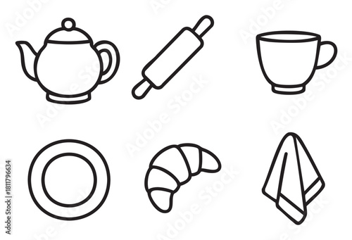 Set of minimalist black line art icons representing breakfast and baking elements like a teapot, croissant, and rolling pin