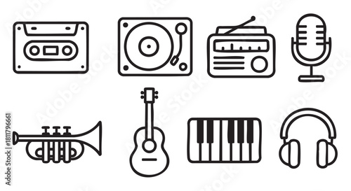 Set of minimalist black line art icons featuring retro music and audio equipment like a cassette, turntable, radio, and musical instruments
