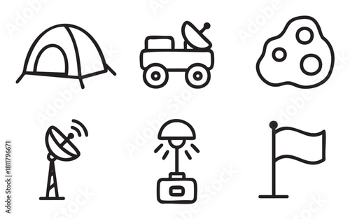 Minimalist collection of hand-drawn outline icons representing a space mission and planetary colonization, featuring a rover, tent, satellite, asteroid, lamp, and flag