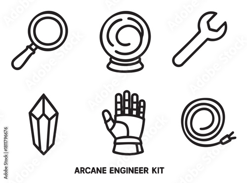 Set of minimalist black line icons representing a blend of magic and technology, featuring a crystal ball, robotic hand, wrench, and power cable