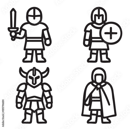 Collection of minimalist black line icons featuring fantasy role-playing game characters like a soldier, a paladin, a barbarian, and a cloaked hero