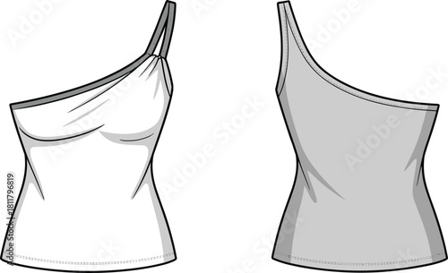 One shoulder women tank top technical flat sketch, fashion apparel template with draped front design, cad drawing flat vector illustration