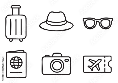 Hand-drawn doodle style illustration of travel and vacation essentials, featuring luggage, passport, camera, and flight ticket icons in a minimalist black outline