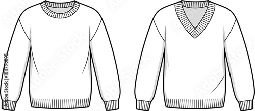 Sweater CAD drawing, flat vector illustration of crewneck and V-neck knitwear, technical fashion sketch, garment blueprint template, apparel design graphic