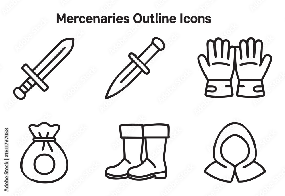 Obraz premium Set of black outline icons representing a mercenary or fantasy adventurer's gear, including a sword, dagger, gauntlets, money bag, boots, and a hood