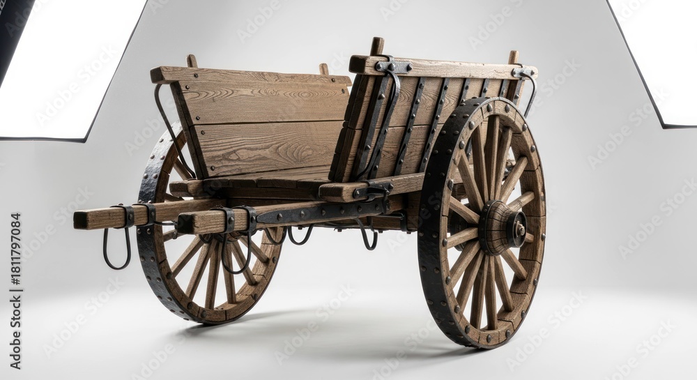 Fototapeta premium Rustic, wooden two-wheeled wagon displayed on a seamless white backdrop