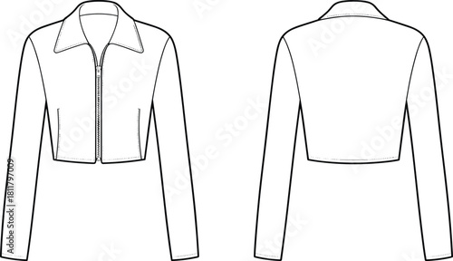 Cropped jacket front and back technical fashion flat, detailed vector garment template, apparel design sketch, minimalist outerwear illustration for designers