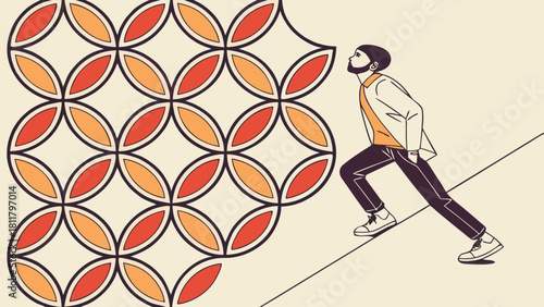 Man looking at a pattern of orange and red circles