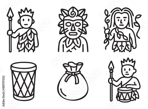 Set of six black outline icons representing tribal culture, featuring indigenous warriors with spears, a ritual mask, a traditional drum, and a sack