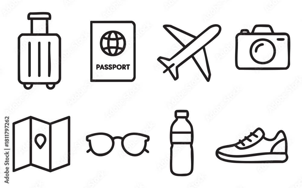 Fototapeta premium Set of black and white line icons representing travel and vacation essentials like a passport, airplane, luggage, and camera