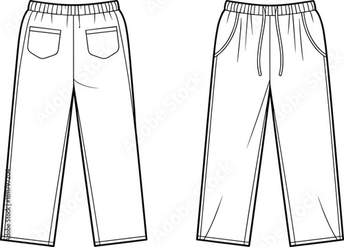 Casual pants technical fashion sketch with back pockets, apparel flat trousers template design, cad drawing flat vector illustration for designers