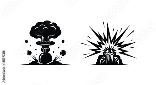 Black and white illustration depicting two distinct types of explosion effects
