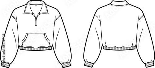 Cropped half zip pullover sweatshirt front and back technical fashion template, detailed cad drawing flat vector illustration for apparel designers