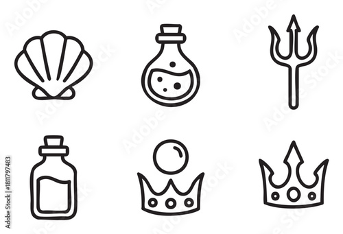 Set of six minimalist hand-drawn icons including a trident, crowns, a seashell, and magic potions
