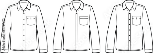 Shirt fashion technical sketch, long sleeve shirt template, garment flat drawing, vector clothing design, detailed CAD illustration for apparel designers